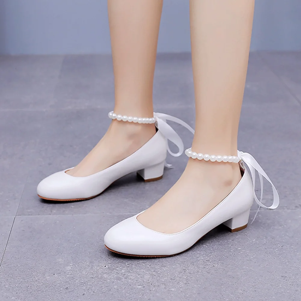 Breakj Breakj 3 Cm Square-Head Single Shoe With A Single Shoe Buckle Mary Jane White Shoes Beads Ribbon Wedding Shoes
