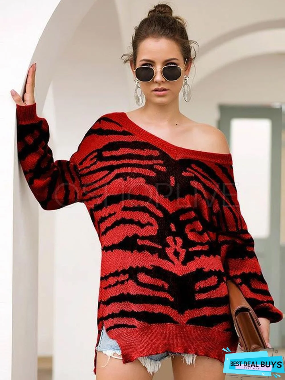 Printed Slit Long Sleeve V-Neck Sweater