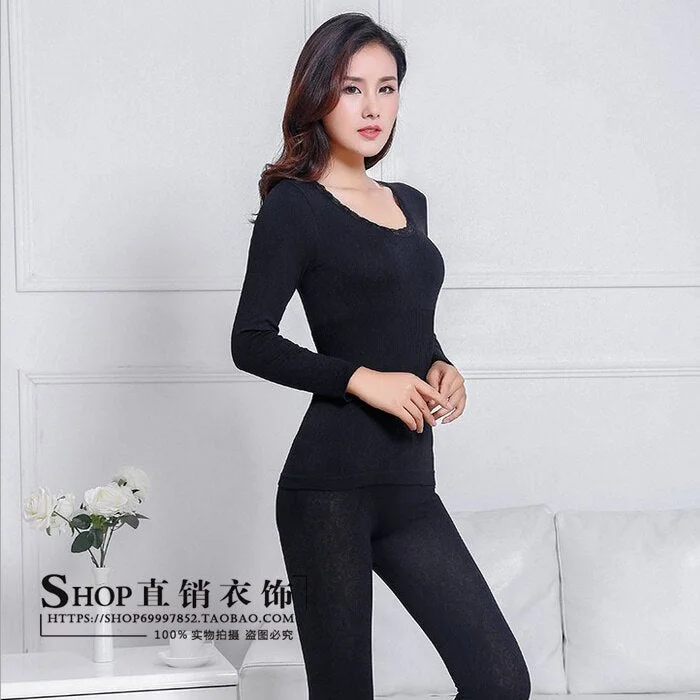 Thermal Underwear Women O-Neck Lace Thin Soft Warm Simple Abdomen Slim Tight Womens All-match Solid Breathable Cotton Trendy