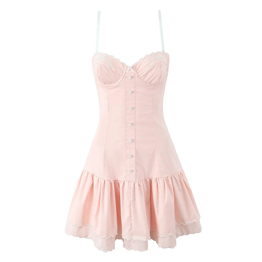 Toloer Embroidery Floral Corset Sling Strap Layered Hem Mini Dress-Outfit Ideas