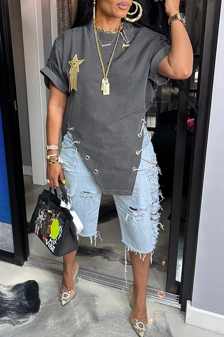 Plus Size Daily Blue Casual Distressed Denim Jeans [Pre-Order]