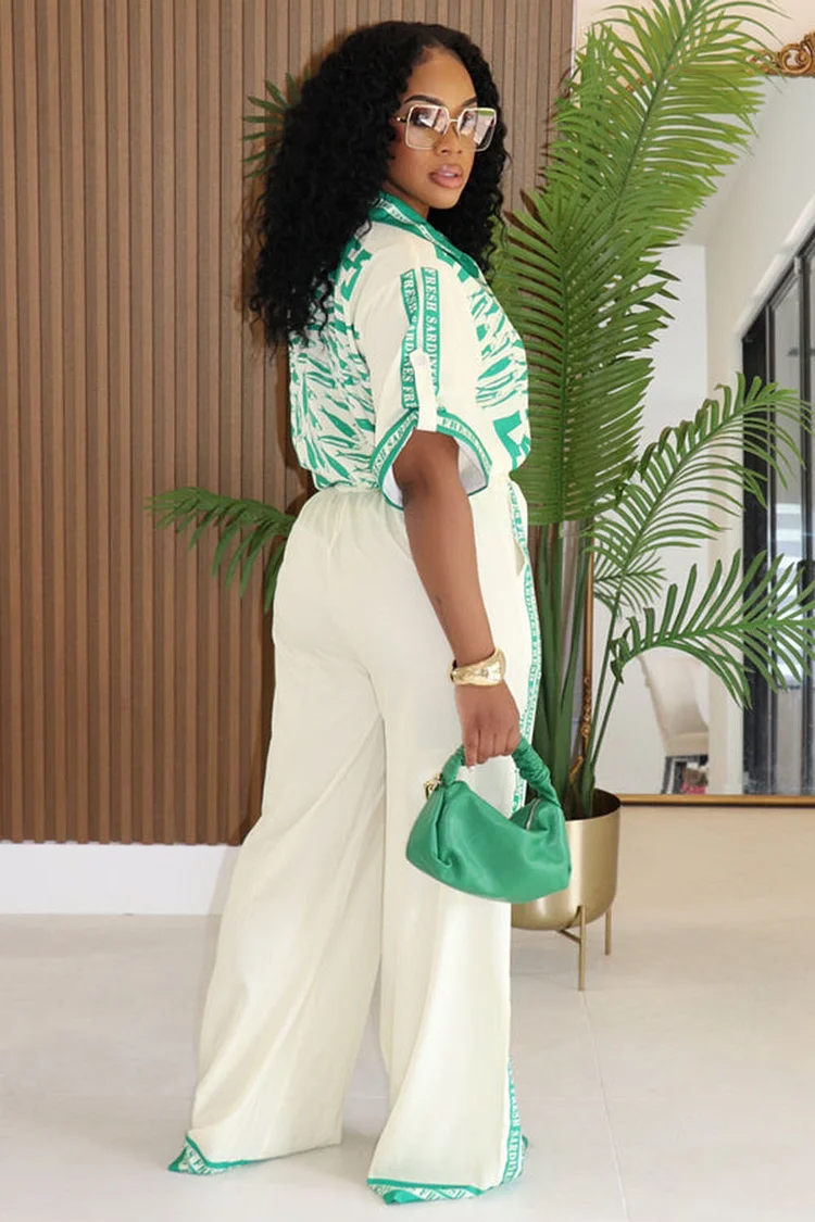 Placement Print Short Sleeve Blouse Wide Leg Pants 2pcs Set-Green [Pre Order]