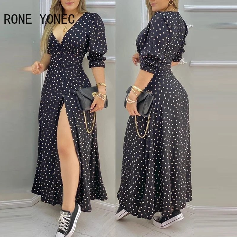 UForever21 Women Polkadot Print High Slit Puff Sleeve Maxi Dress Casual Dress Vacation Dress 2022