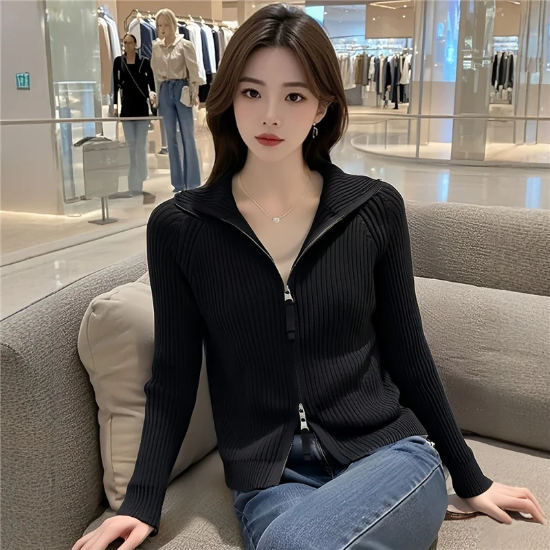Toloer Standing Collar Double Zipper Design Sense Knit Cardigan Female Jacket Autumn New Style Slim Small Long-Sleeved Sweater Jacket-Outfit Ideas