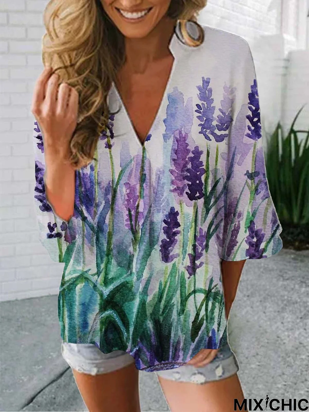 Floral Half Sleeve  Printed  Polyester  V neck  Casual  Summer  Blue Top