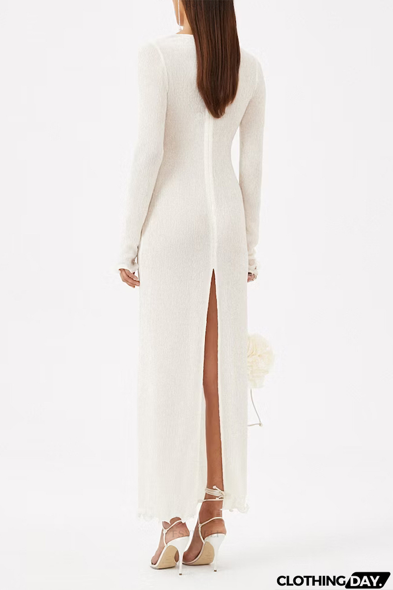 Sexy Solid Color Slit Flower Shape V Neck Long Sleeve Dresses