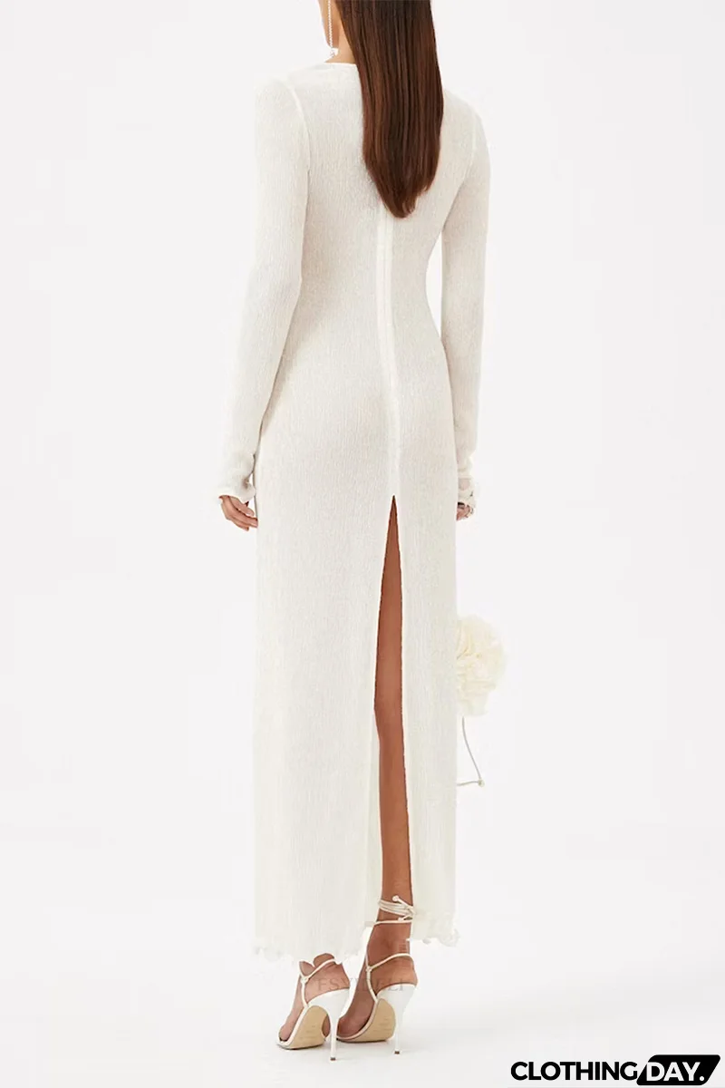 Sexy Solid Color Slit Flower Shape V Neck Long Sleeve Dresses