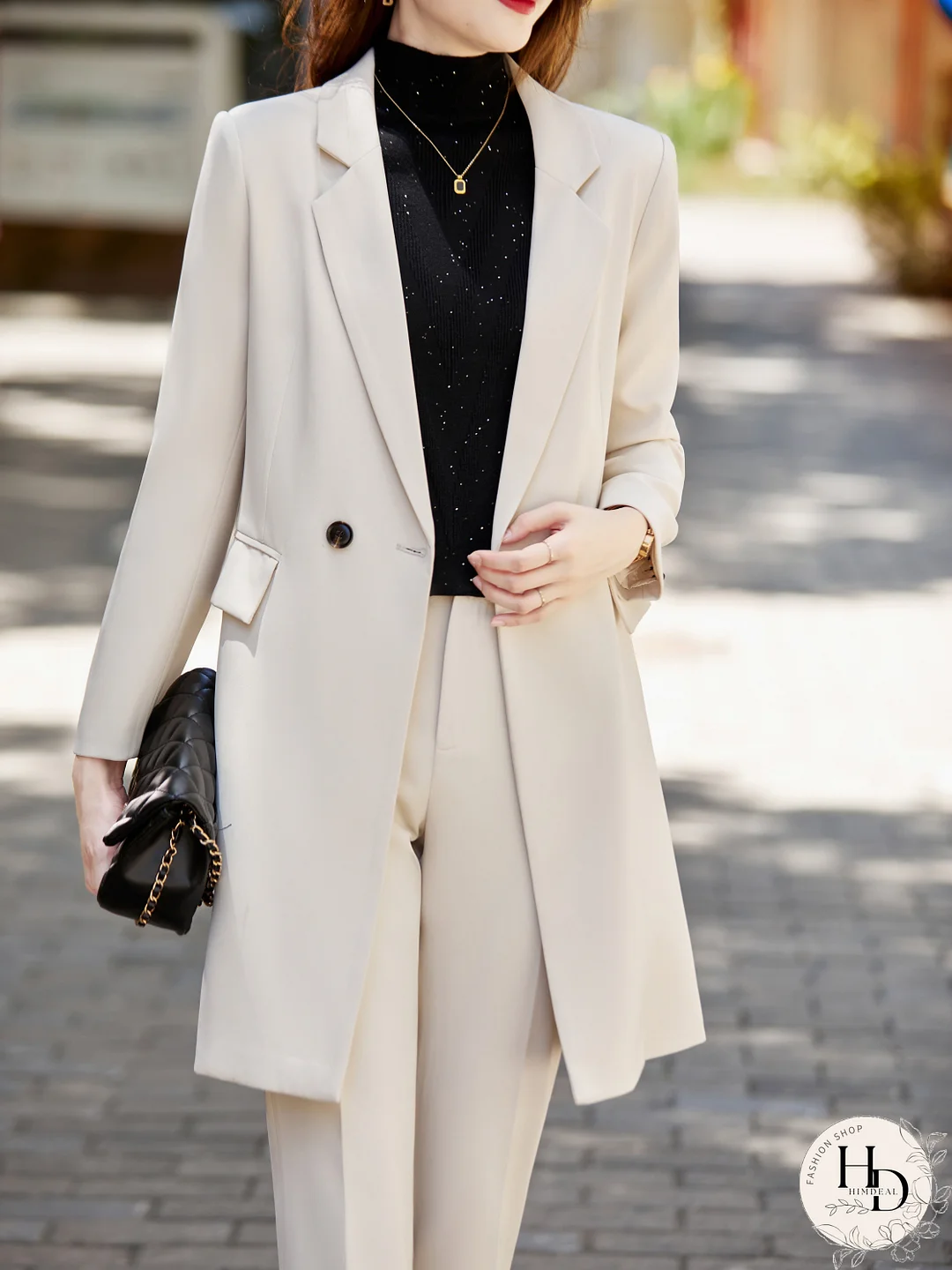 Solid Notched Collar Blazer, Elegant Dual Pockets Long Sleeve Blazer For Office & Work, Women's Clothing