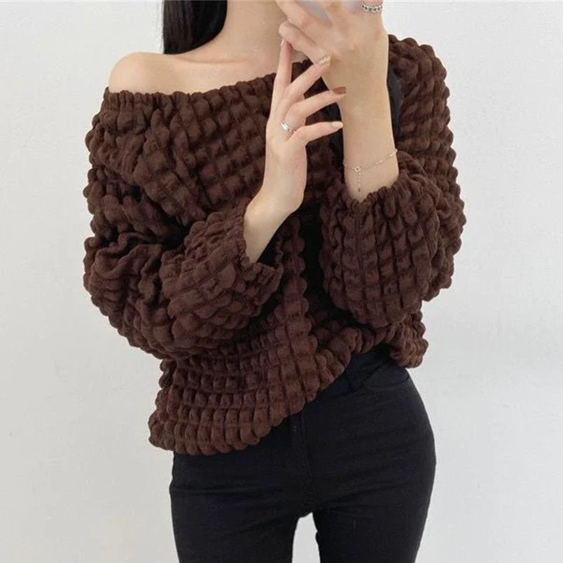 Jangj Alien Kitty Coffee Women Blouses Solid Retro Off Shoulder Chic Hot 2022 Autumn Outerwear Stylish All Match High Street Tops