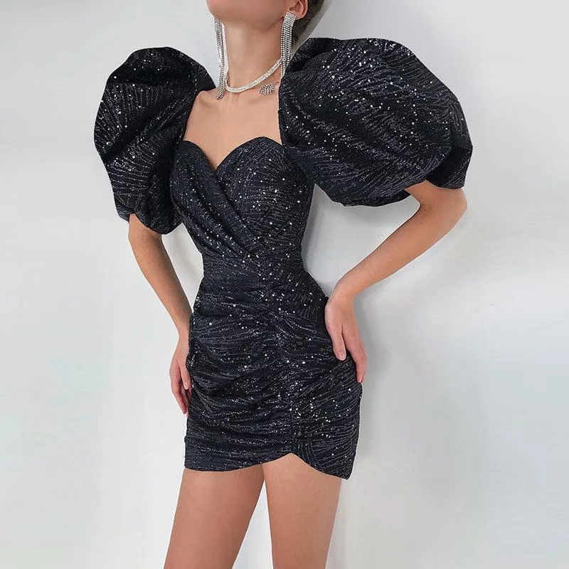 Puff sleeve sweetheart neck ruched mini dress-zachics
