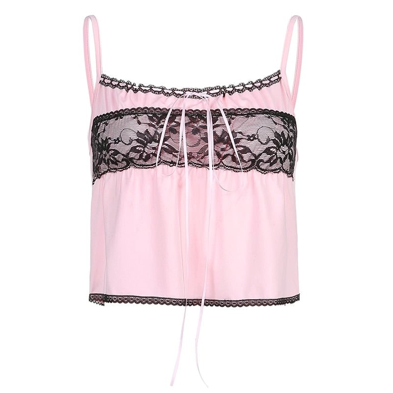 HEYounGIRL Lace Pink Aesthetic 90s Sleeveless Crop Top Women Tie Up Frill Ruffles Cami Tops Tees Ladies Streetwear Summer
