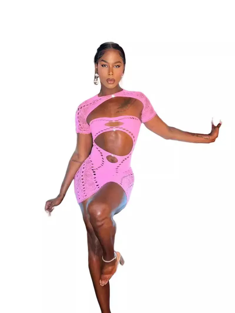 Brownm Brownm 2023 Female Solid Color Brushing Chest Hollow Stender Stuttering Umbilical Short-Sleeved Shawl Sexy Body-Body-Bossed And Hip Dress