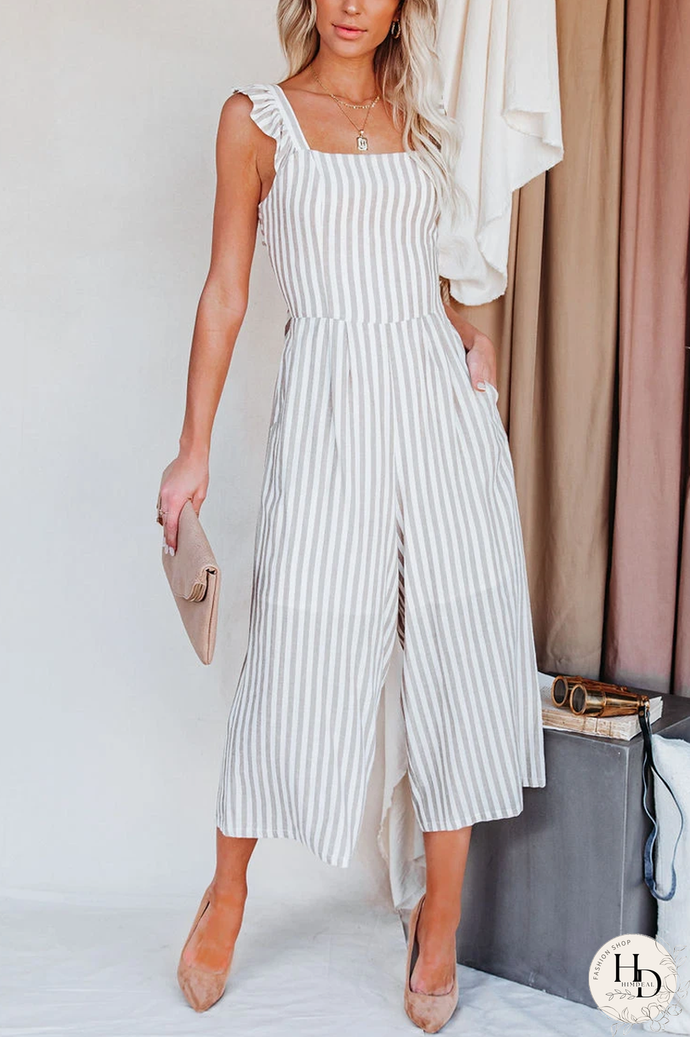 KarliDress Flip Side Pocketed Striped Ruffle Jumpsuit P12525