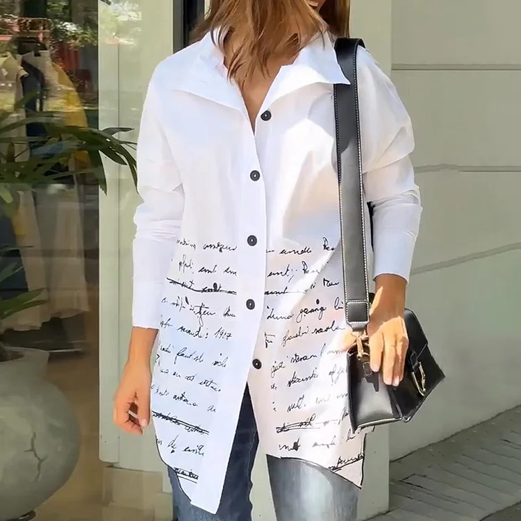 Comstylish Letter Print Simple Long Sleeve Shirt