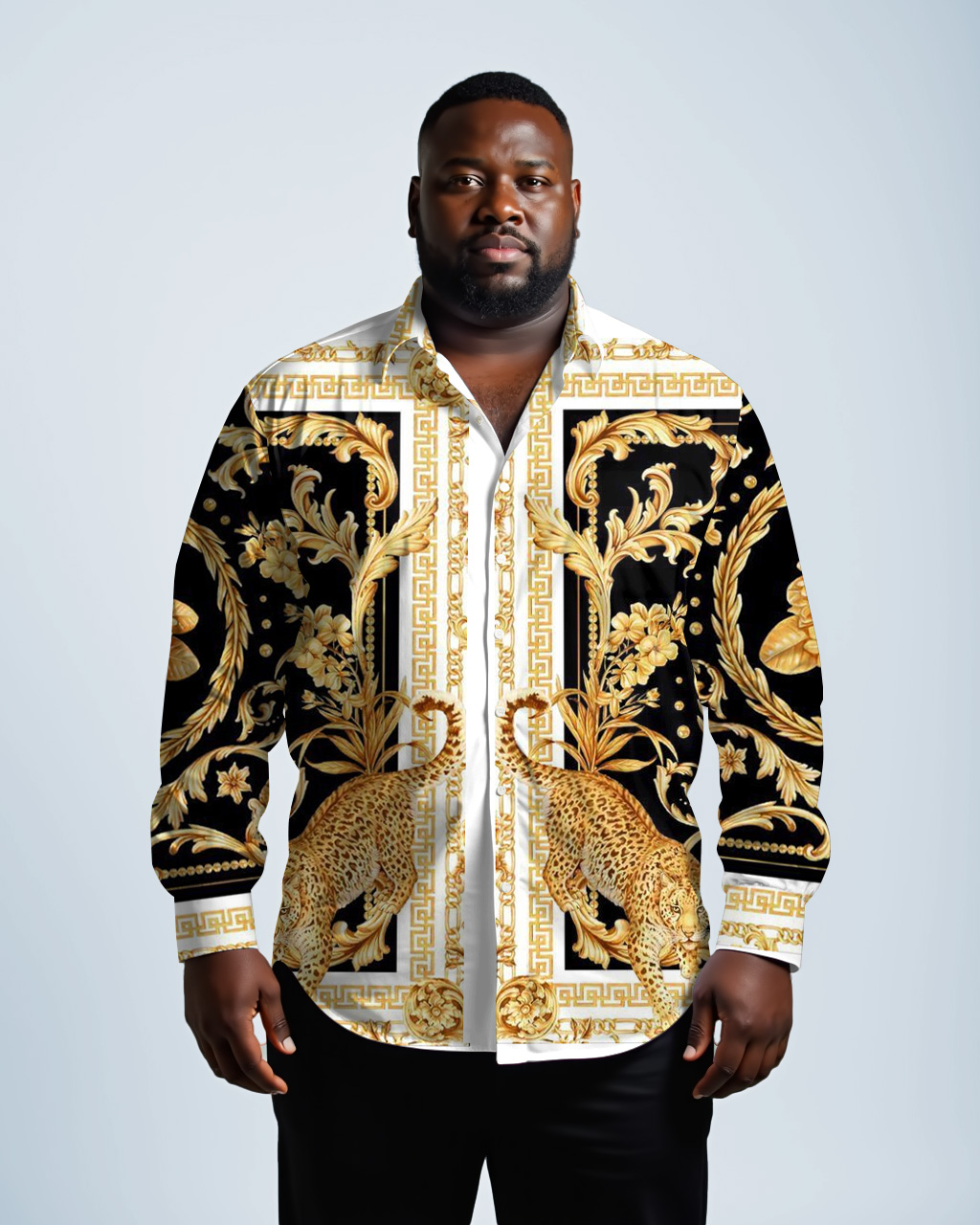 Luxury Baroque Symmetrical Pattern Print Business Shirt Lap Long Sleeve Shirt Men's Plus Size