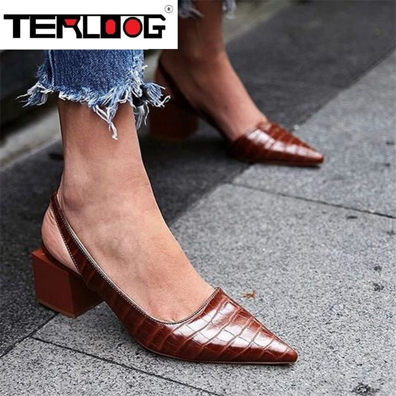 Women's Pointed Toes Pumps Mid Chunky Heels Slingback Sandals Shoes Summer New Vintage Woman Lady Female Sandals Slippers Shoes 111