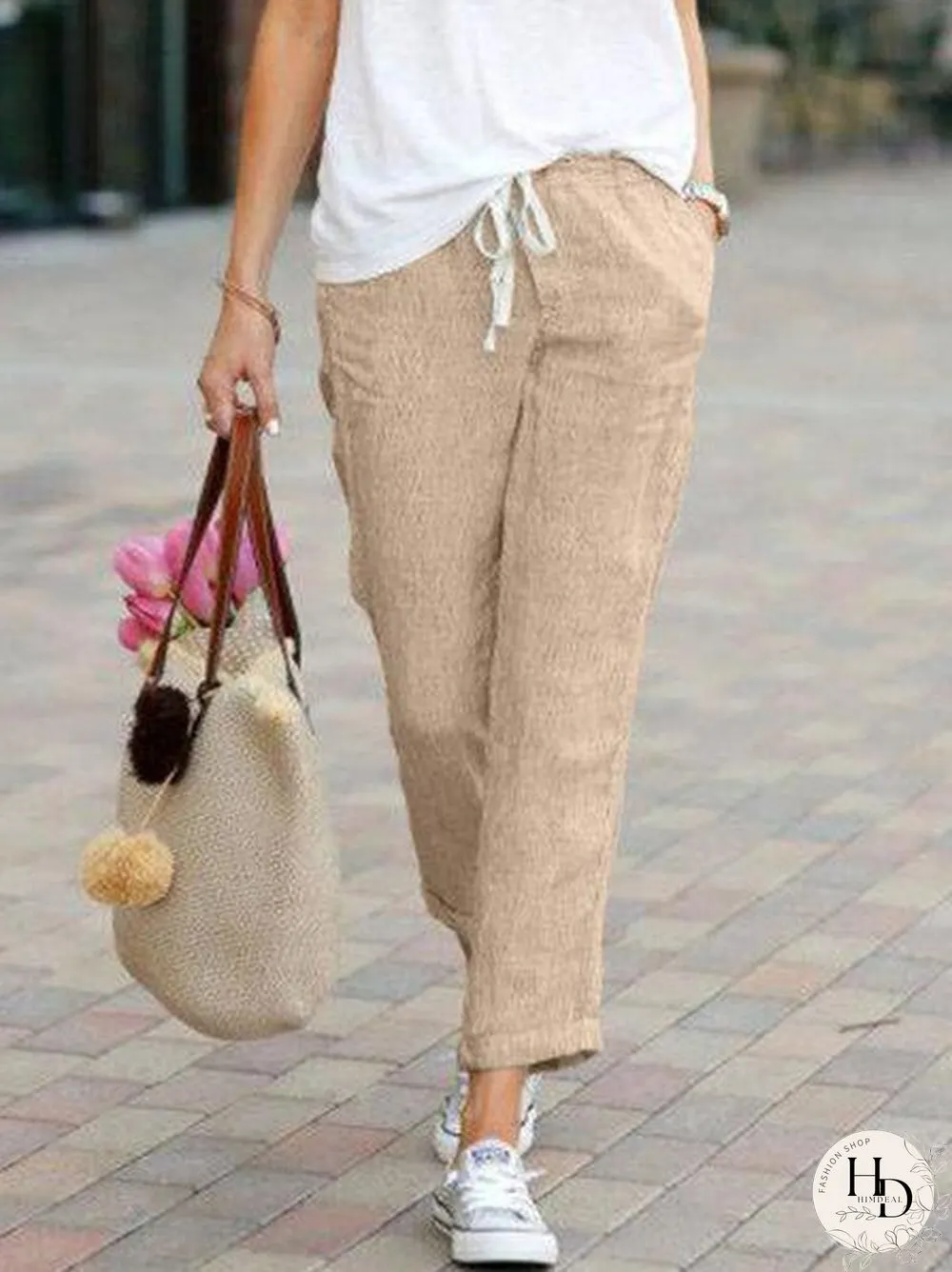 Solid Drawstring Casual Linen Pants