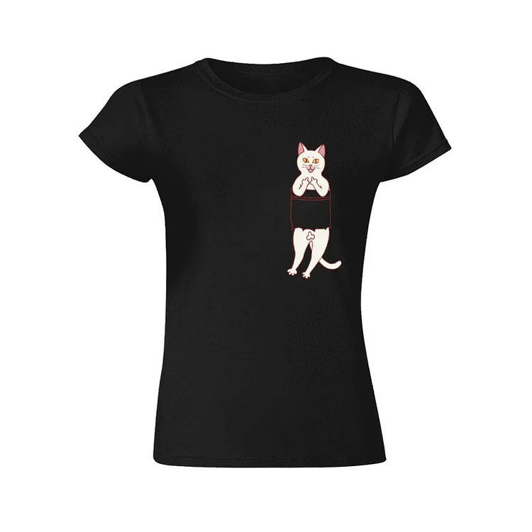 Pocket White Cat Funny T-Shirt &Agrave; Col Rond &Agrave; Manches Courtes Gildan Pour Femme
