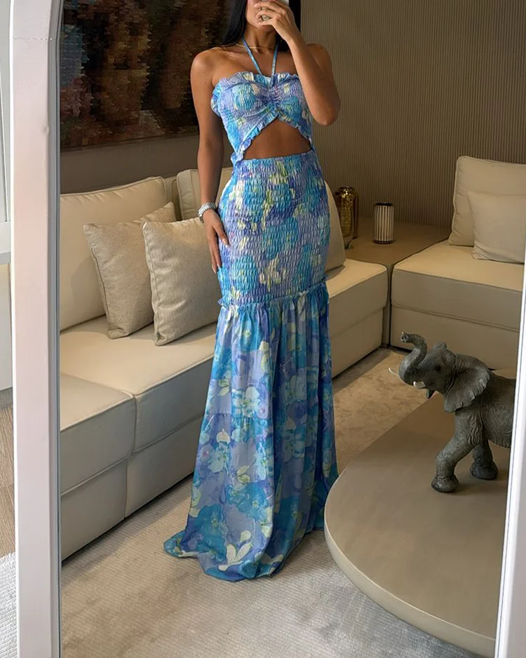 Women's printed halterneck hollow dress