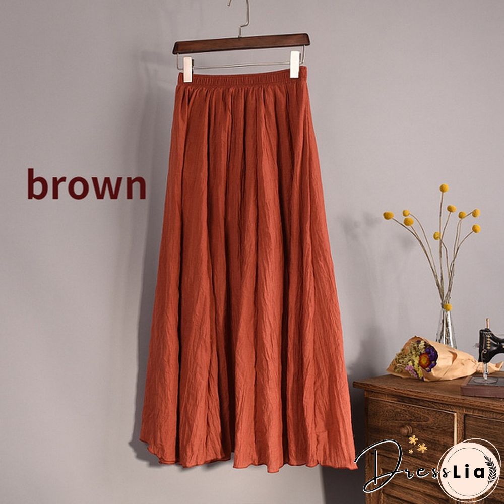 Women Cotton Linen Pleated Maxi Skirt Elastic Waist Vintage Solid Color Boho Beach Spring Summer Pleated Maxi Skirt