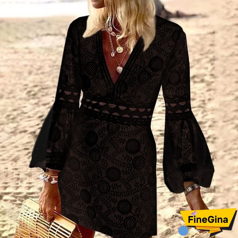 Women Flare Long Sleeve Mini Dress Lace Hollow Out Deep V Neck Party Casual Short Dress Plus Size