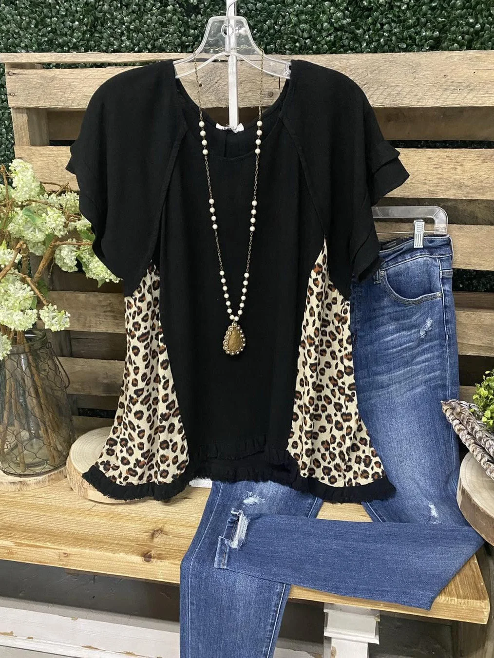 Women's Western Leopard Pattern Patchwork Short Sleeve Top