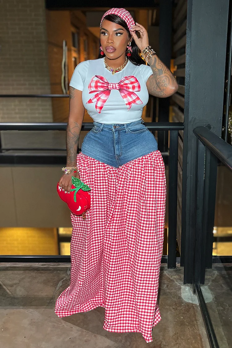 Bow Print Short Sleeve Top Denim Patchwork Plaid Wide Leg Pants 2pcs Set-Red