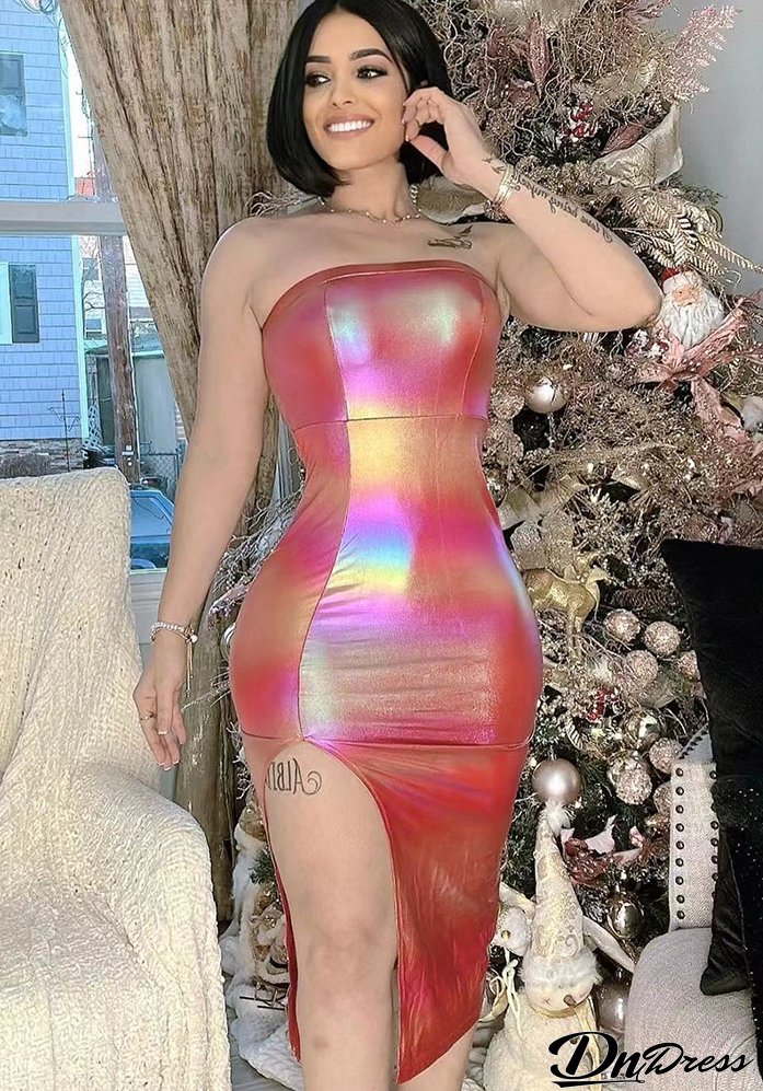 Women Clothing Features Shiny Gradient Pu-Leather High Slit Chest Wrap Dress