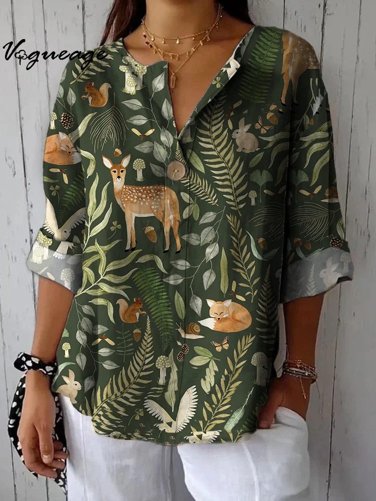 Animals And Plants In The Forest Printed Cotton And Linen Shirt