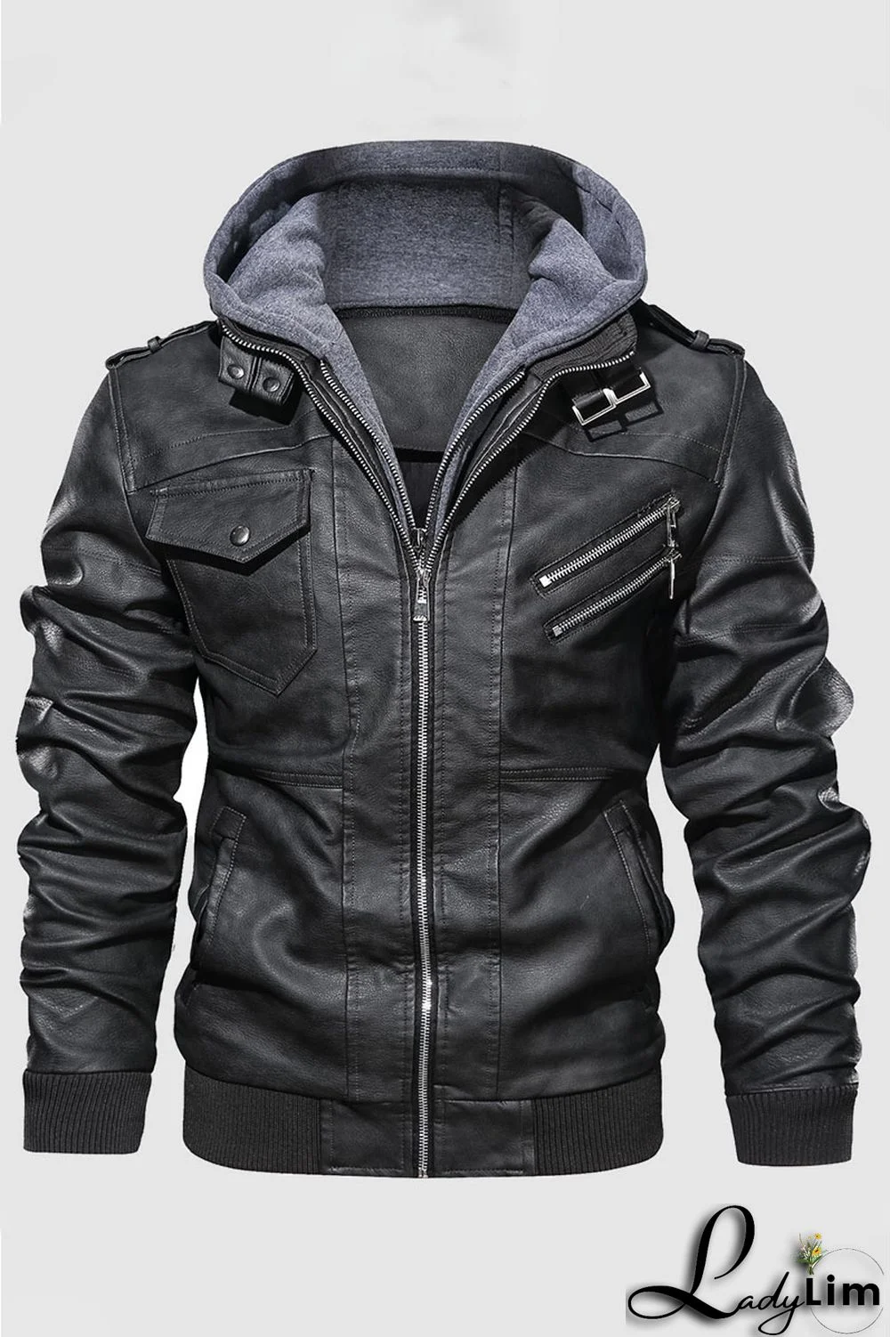 Black Casual Solid Split Joint Pocket Zipper Hooded Collar Outerwear