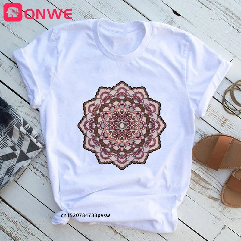 Mandala Flowers Stripes Thermo Funny Women T-shirt Girl  Summer 90S Print Tops Tee,Drop Ship