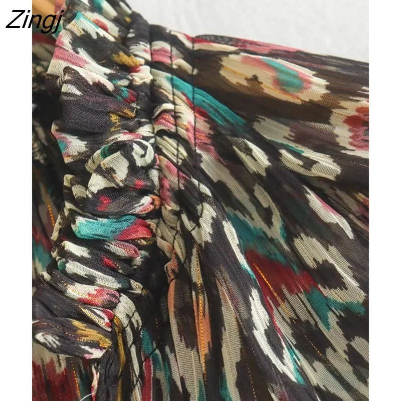 Zingj Women Vintage V Neck Totem Floral Print Golden Line Mini Shirt Dress Female Elastic Waist Double Ruffles Vestidos DS2527