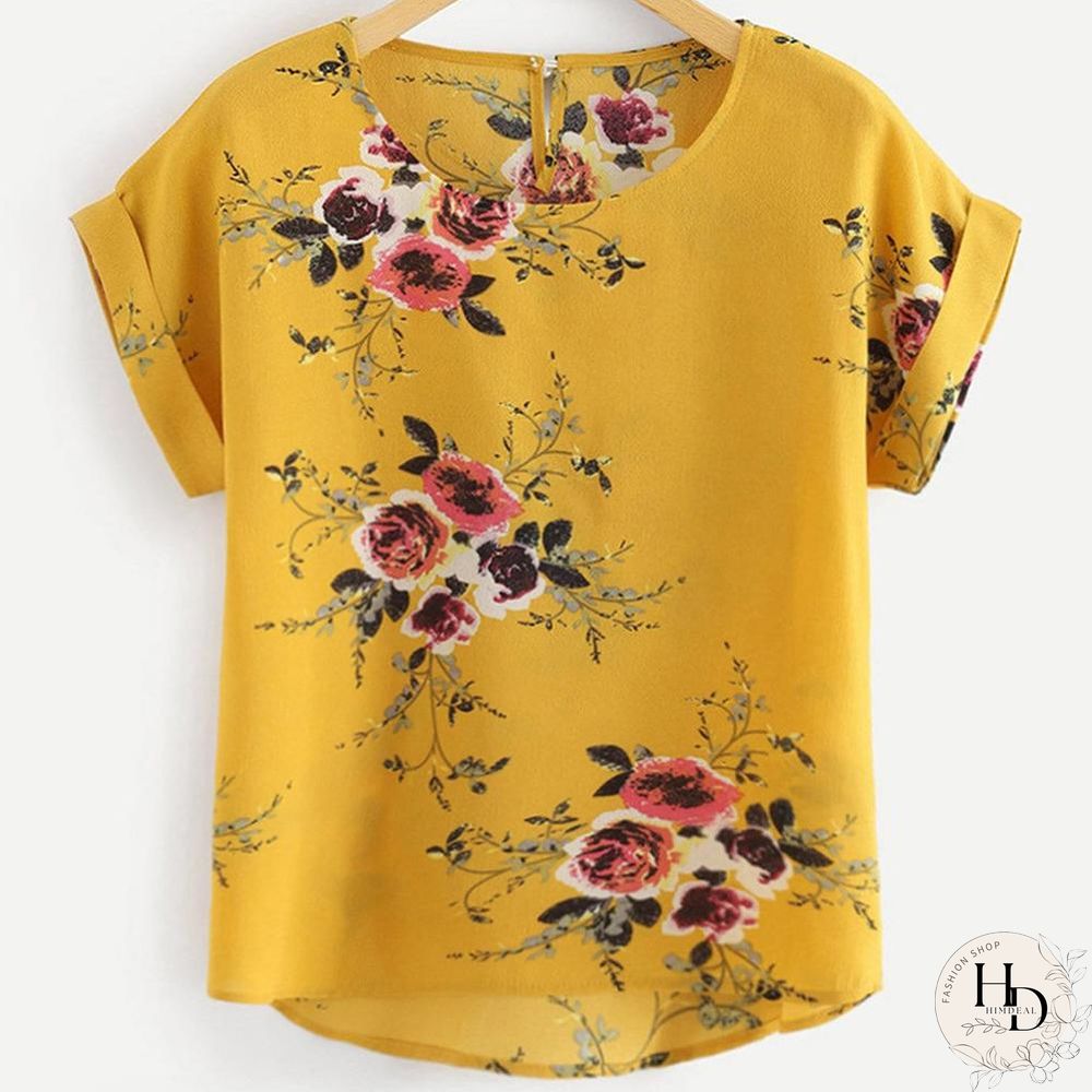 Summer Fashion Floral Print Blouse Pullover Ladies O-Neck Tee Tops Female Womens Short