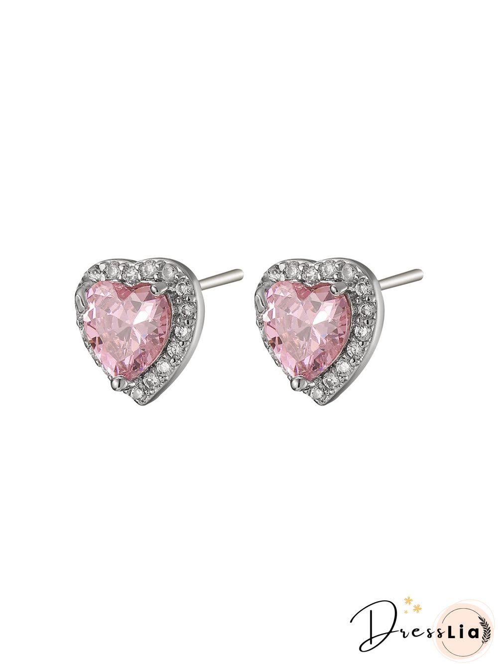 Full Diamond Pink Zircon Heart Stud Earrings Commuter Jewelry