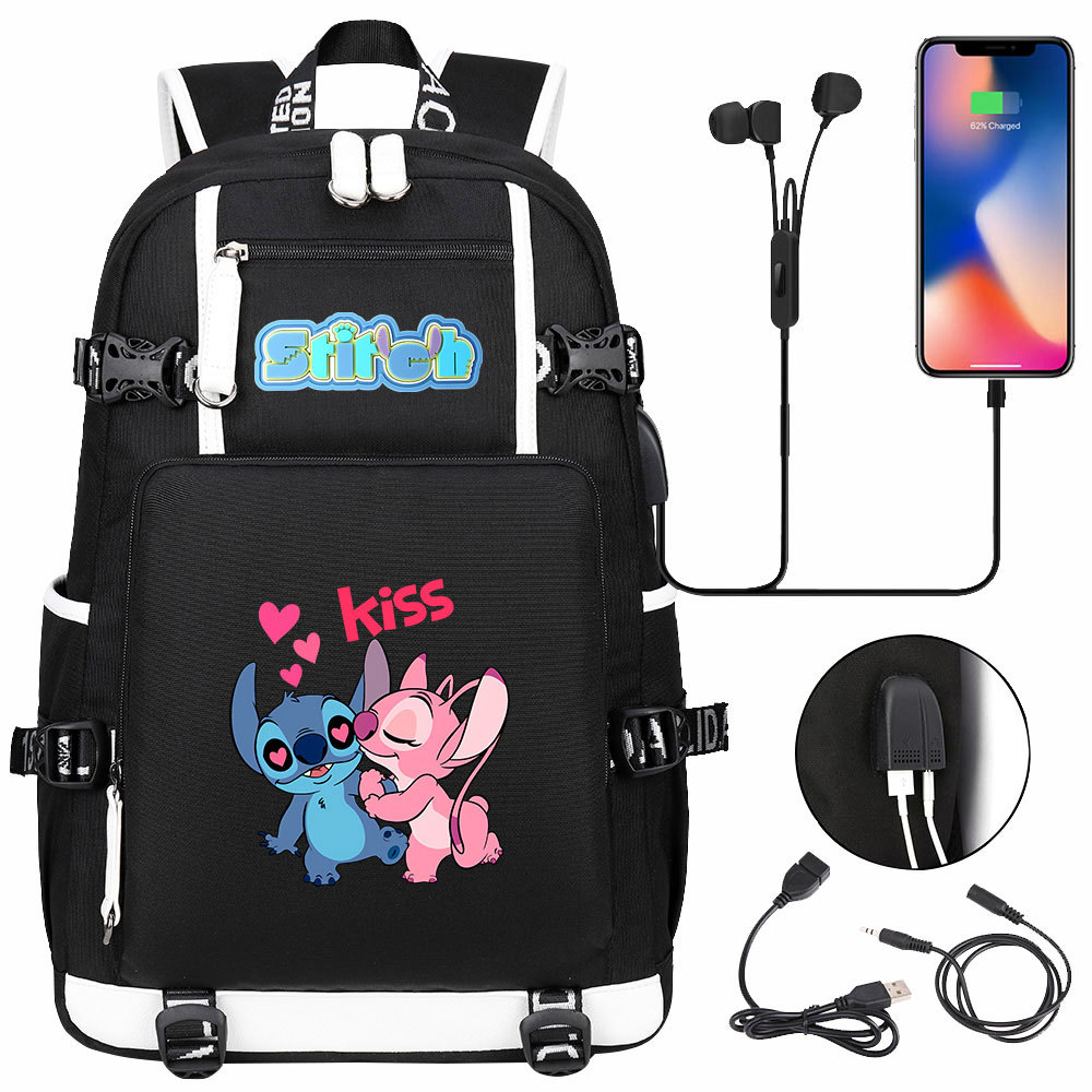Lilo & Stitch School Bag with USB Charging Port and 15-inch Laptop Compartment – Multi-pocket Backpack with Double-sided Pockets, Perfect for Kids and Adults-Mayoulove