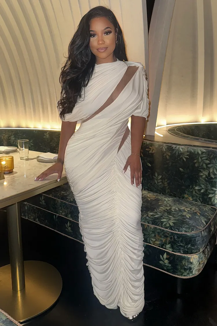 white square neck mesh ruched cut out bodycon dress Round 3D Slim Gowns Maxi Dresses-White Trendy Medium Wash Denim collection:save-50 Fully lined Select Size:14