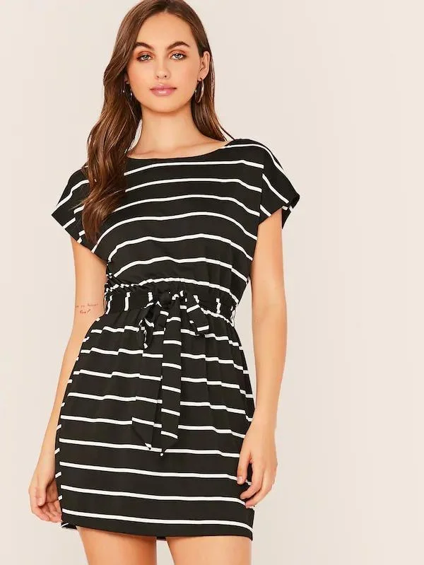 Cap Sleeve Striped Pencil Dress