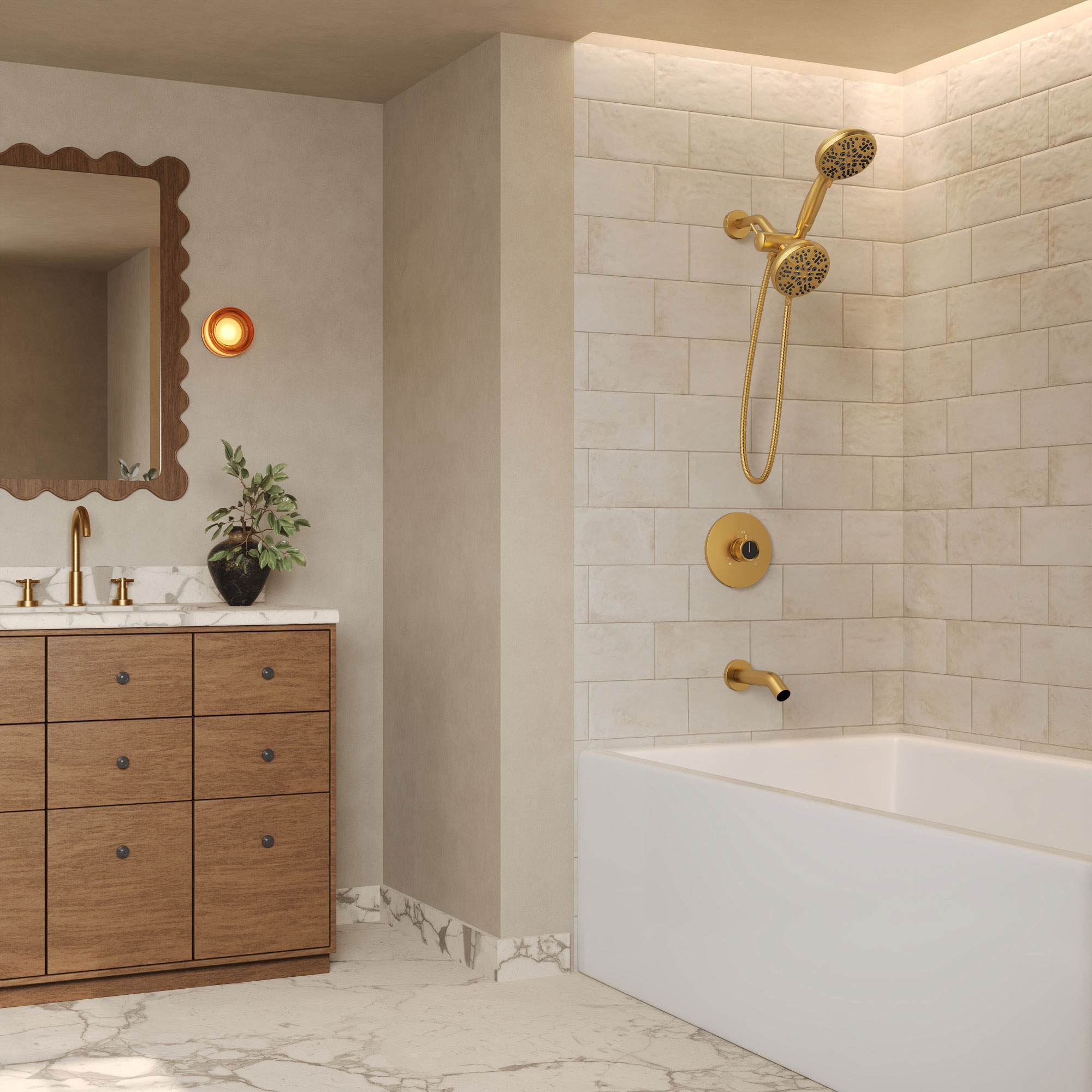 5-Spray Wall-Mount Shower Head and Handheld Shower with Tub Spout Shower Faucet Set in Brushed Gold (Valve Included)