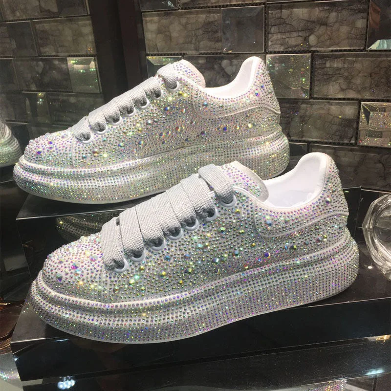 PENERAN 2023 Autumn Women Platform Shoes rhinestones Thick-soled White Silver Shoes Shining Crystal Sneakers Trend Casual Sneakers