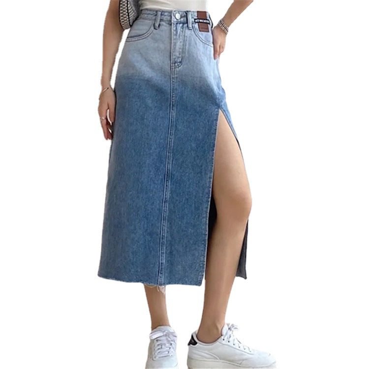 Spring Gradient Split Mid-length Skirt High Waist A- Line Slimming Denim Midi Dresses