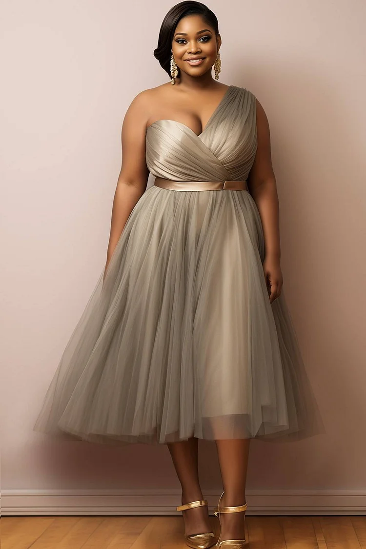 Xpluswear Design Plus Size Wedding Guest Grey Oblique Collar See Through  Tulle Midi Dresses