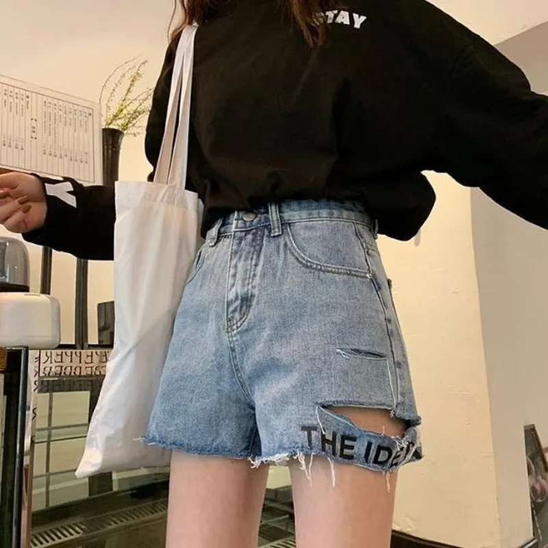 Shorts Women Summer Denim High Waist Holes Ripped Letter Embroidery Womens BF Street Wear Ulzzang Students Fur-line Leisure New