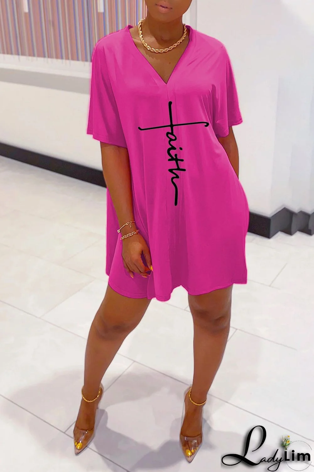 Tangerine Red Casual Print Split Joint V Neck Short Sleeve Two Pieces