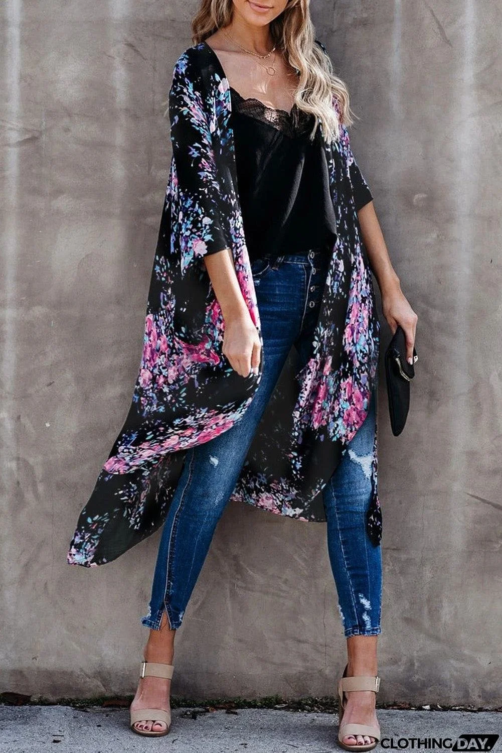 Floral Kimono Sleeves Chiffon Loose Beach Cover Up