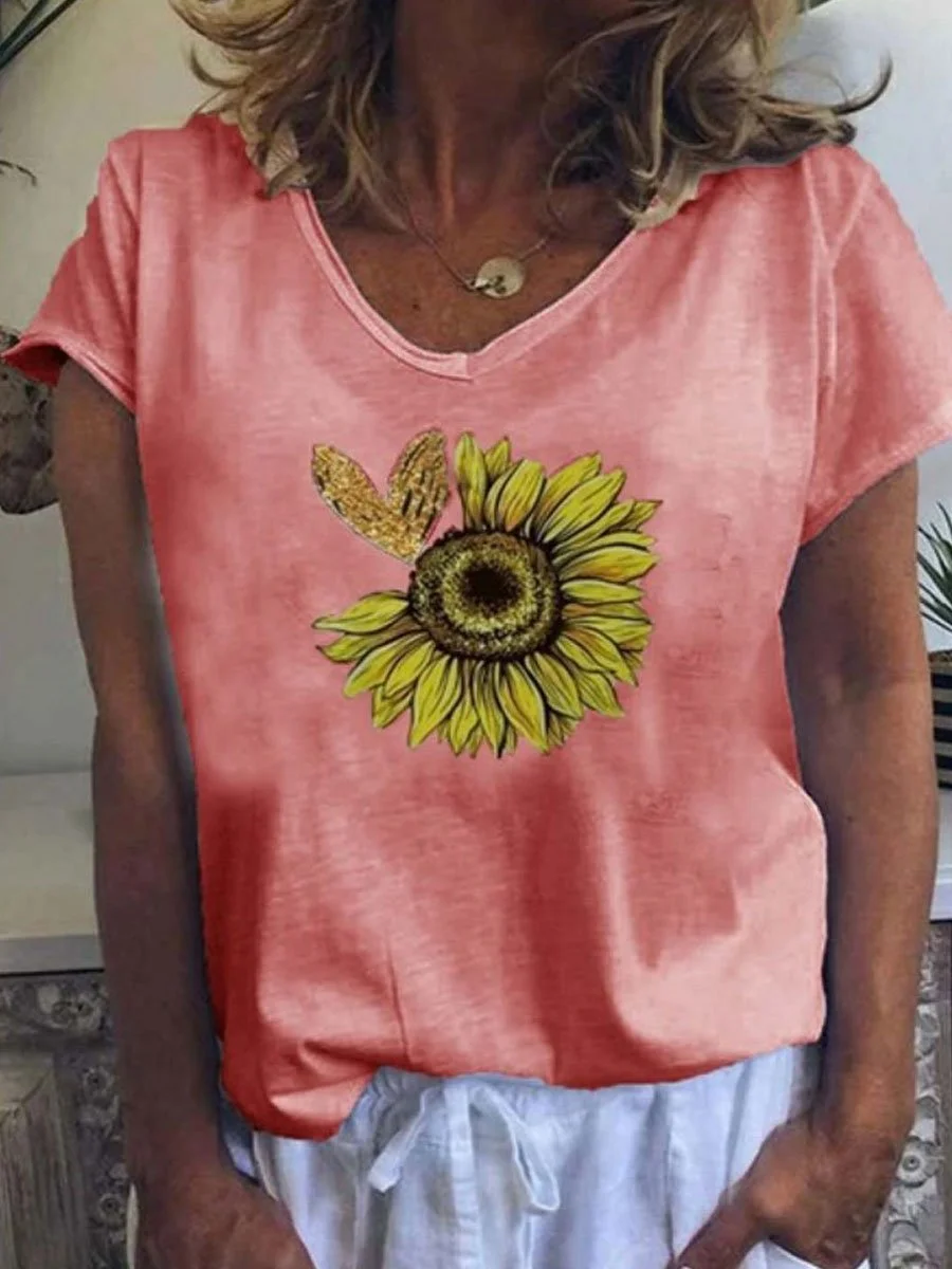 Daisy Printed Loose V-neck Short Sleeve T-shirt