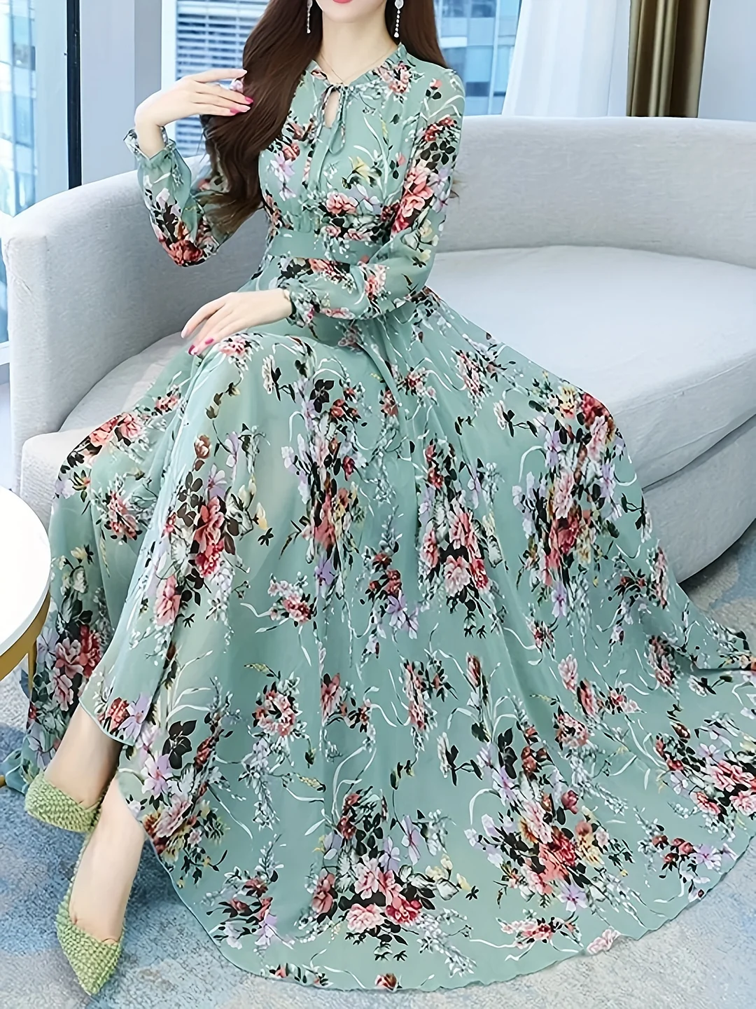 Women's Bohemian Floral Print V-Neck Long Sleeve A-Line Maxi Dress - Elegant Flowy Party & Beach Dress For Spring/Fall, Hand Wash Only, Middle East Collection, Tropical Dress, Spring Fall Attire, Highquality Fabric | IFYHOME