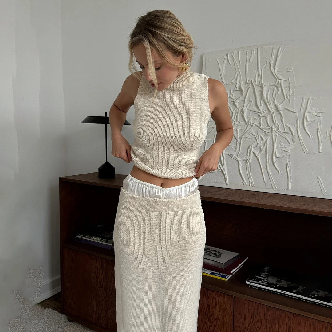 Athvotar Athvotar Women's Dress New Sleeveless High-Collar Knitted Vest Hip Dress Fashion Suit Woman