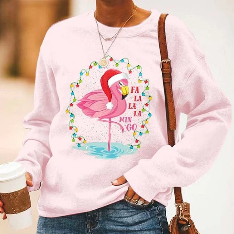 Comstylish Christmas Letter Flamingo Printed Round Neck Long Sleeve Sweatshirt
