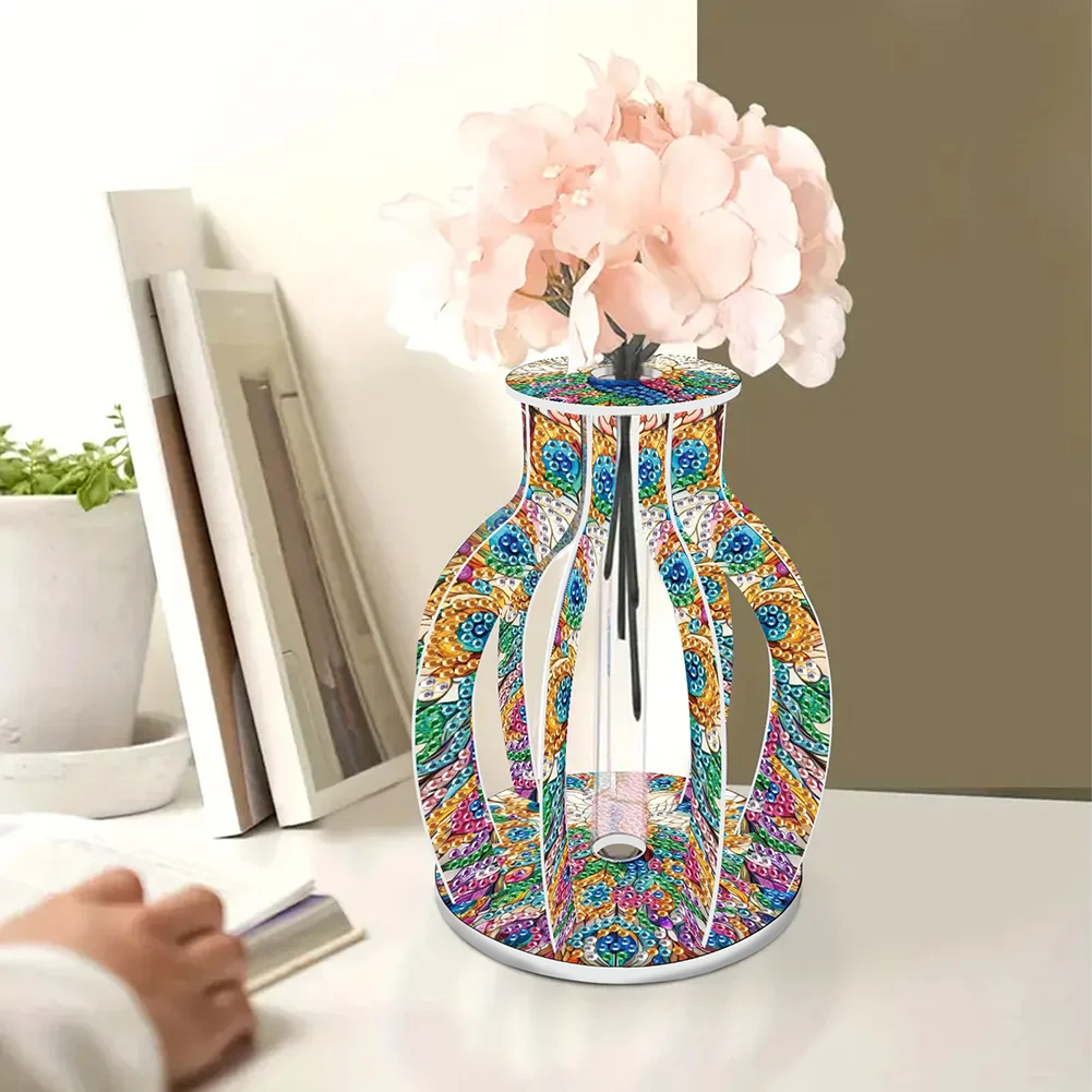 Acrylic Wood Peacock 5D DIY Diamond Painting Flower Vase for Home Office Decor
