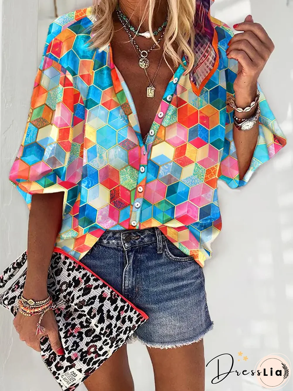 Casual Color Block V Neck Blouse
